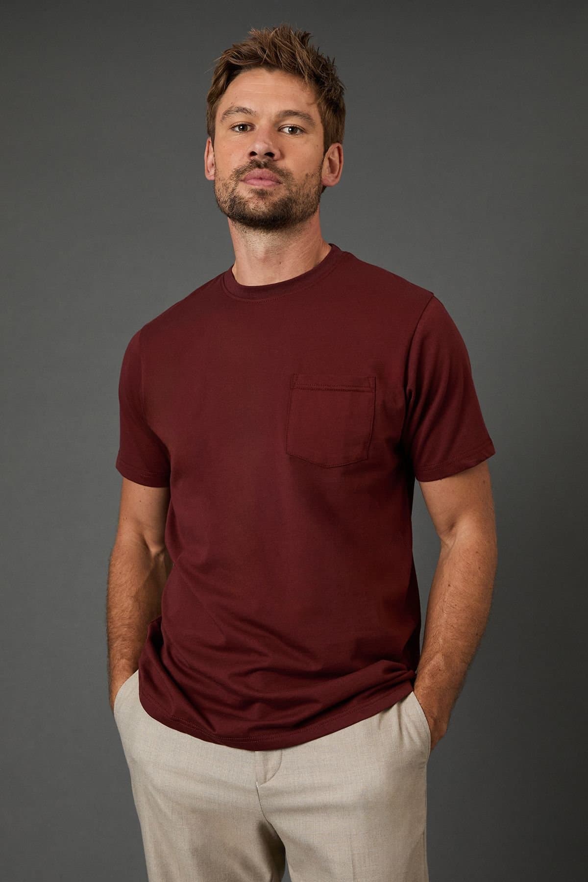 Maine Maine Dark Red Short Sleeve T-Shirt With Pocket For Men