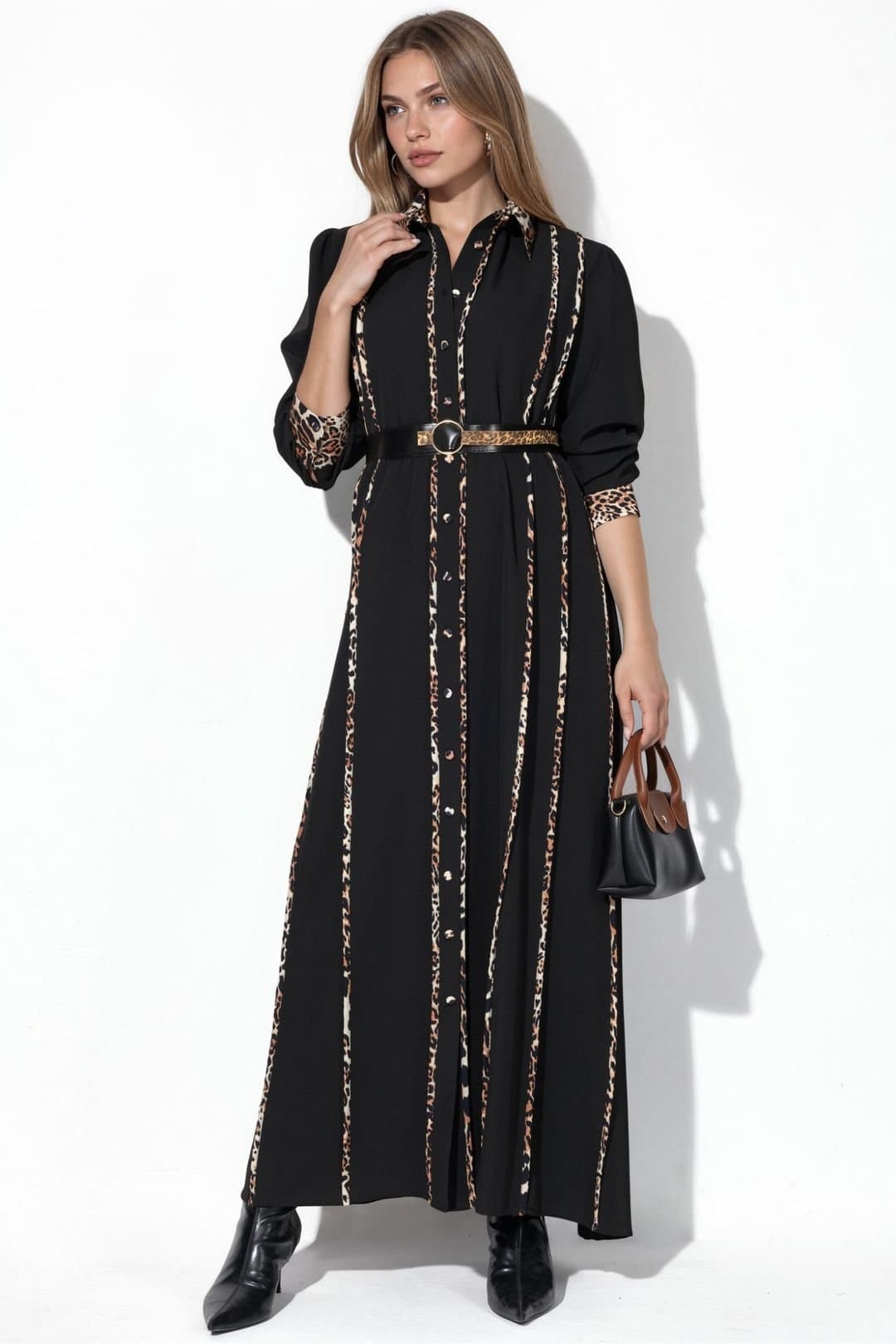 MSN Collection MSN Collection Women's Leopard Print Maxi Shirt Dress in Black
