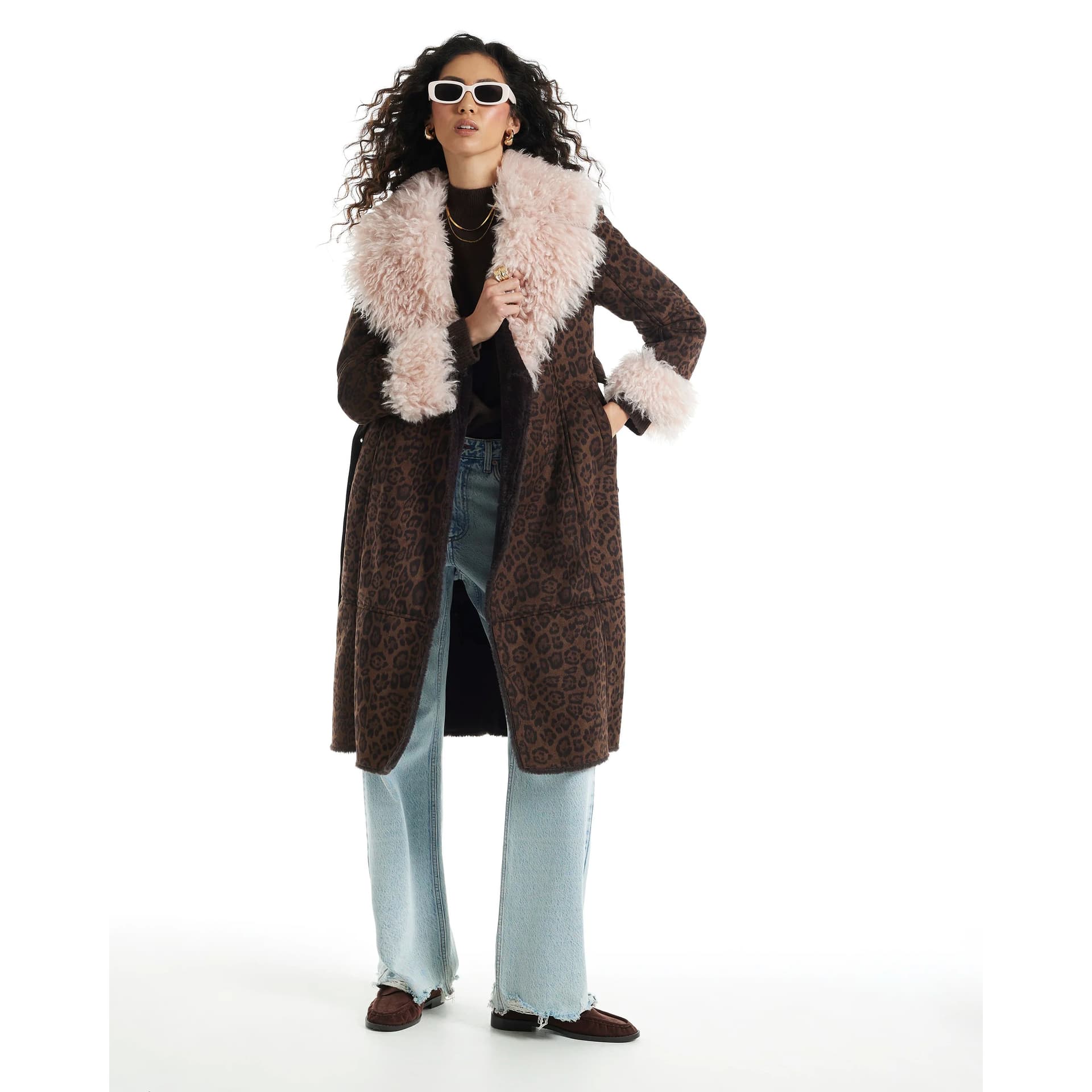 River Island River Island Womens Brown Leopard Print Shearling Trench Coat