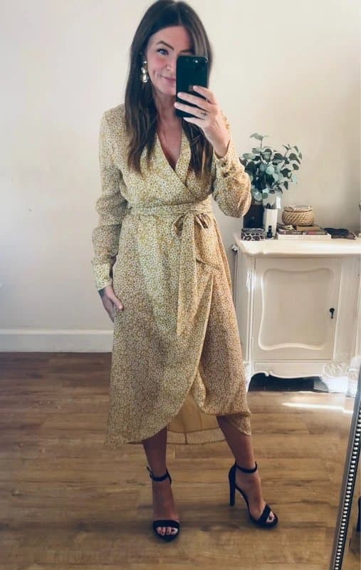 Never Fully Dressed Never Fully Dressed mustard yellow white daisy floral print wrap midi dress size 8