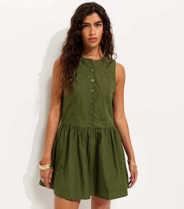 New Look Women's Khaki Cotton Drop Waist Sleeveless Mini Dress New Look - 3