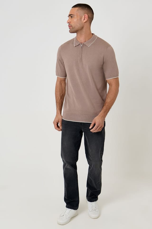 Threadbare Threadbare Men's Knitted Quarter Zip Polo With Contrast Tipping in Taupe - 3