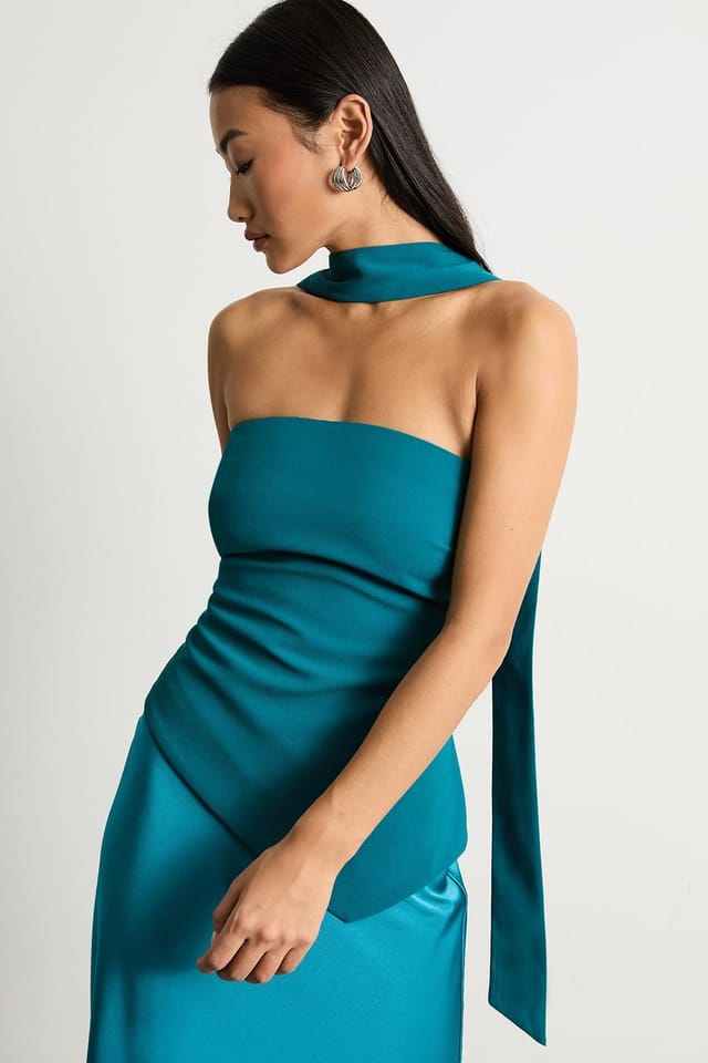 Warehouse Warehouse Women's Petite Strapless Structured Bodice Satin Midi Dress in Teal - 2
