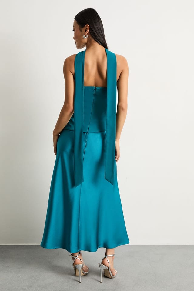 Warehouse Warehouse Women's Petite Strapless Structured Bodice Satin Midi Dress in Teal - 3