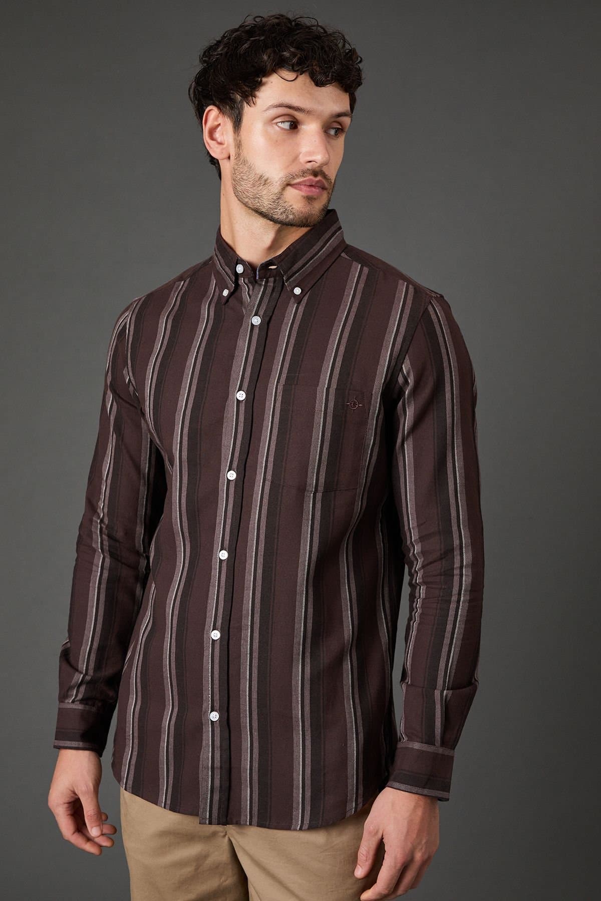 Maine Maine Men's Burgundy Stripe Long Sleeve Shirt