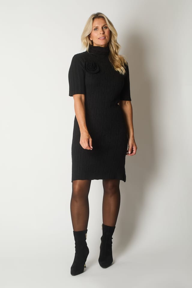 SOLO SOLO Women's Knit Turtleneck Dress with Rosette Detail in Black - 2