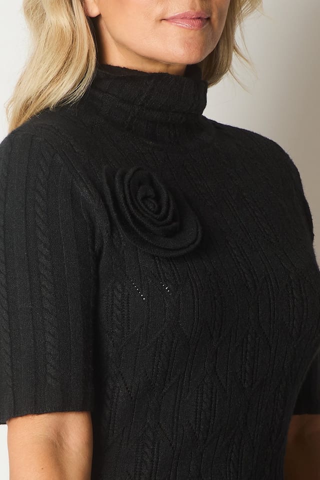 SOLO SOLO Women's Knit Turtleneck Dress with Rosette Detail in Black - 3