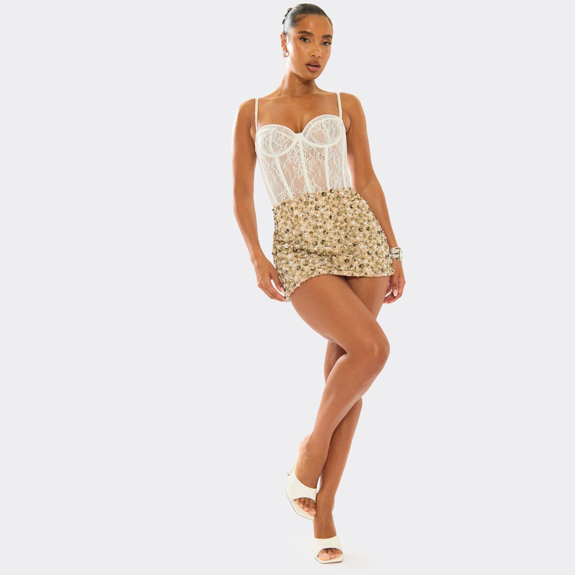 EGO Mid Rise Mini Skirt In Nude Floral Sequin, Women's Size UK 4
