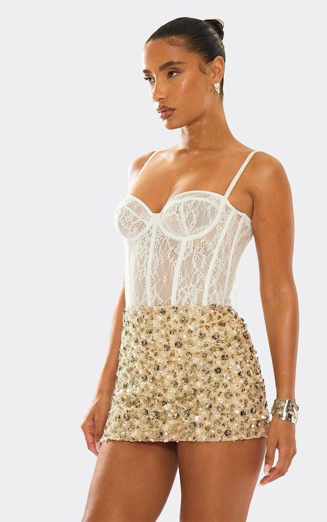 EGO Mid Rise Mini Skirt In Nude Floral Sequin, Women's Size UK 4 - 2