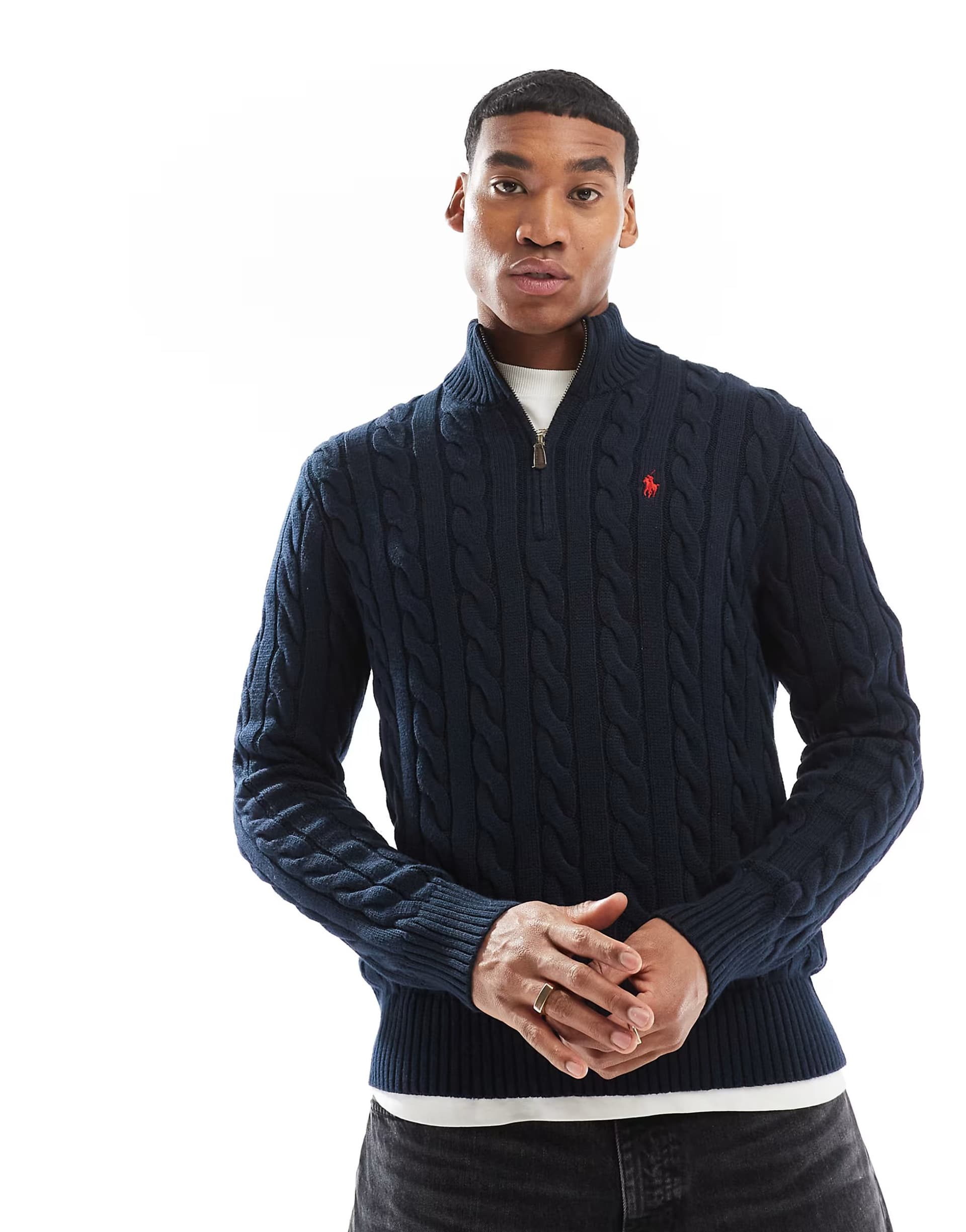 ASOS Polo Ralph Lauren icon logo half zip cotton cable knit jumper in navy
