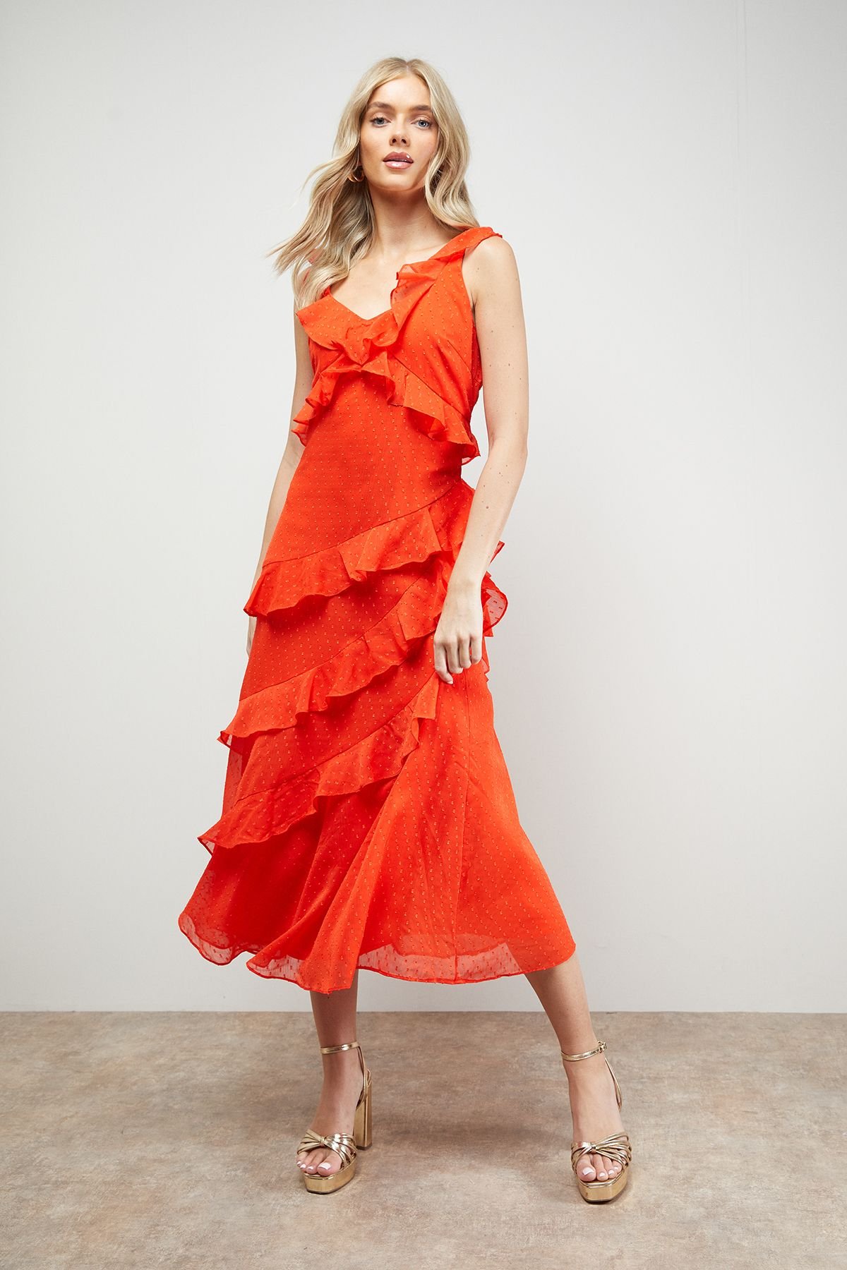 Oasis Oasis Women's Dobby Ruffle V Neck Tiered Midi Dress in Orange - 2