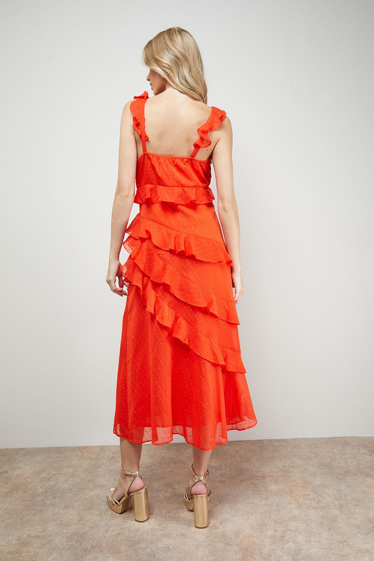 Oasis Oasis Women's Dobby Ruffle V Neck Tiered Midi Dress in Orange - 3