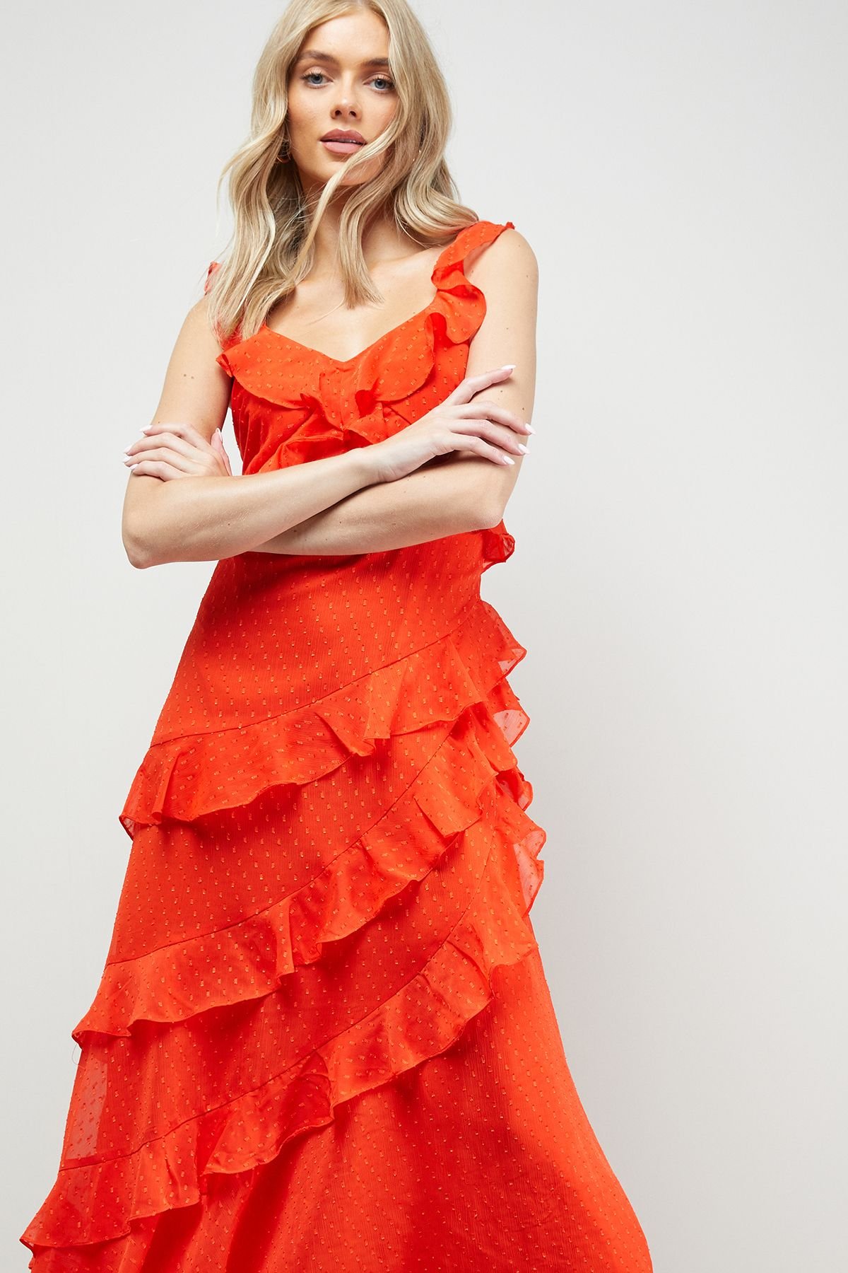 Oasis Oasis Women's Dobby Ruffle V Neck Tiered Midi Dress in Orange - 4