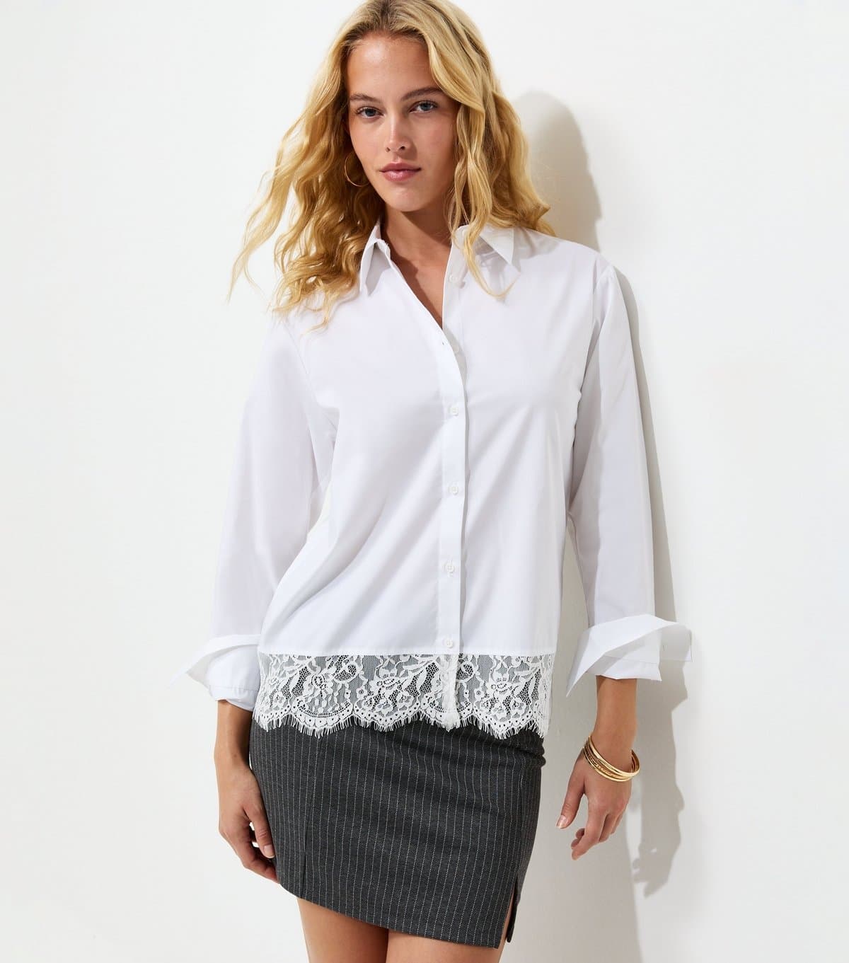 New Look New Look White Cotton-Rich Poplin Lace Trim Shirt