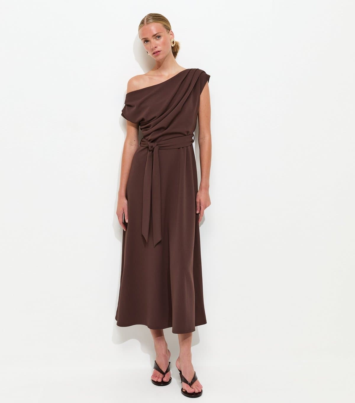 New Look Women's Dark Brown Fallen Shoulder Tie Waist Midi Dress New Look