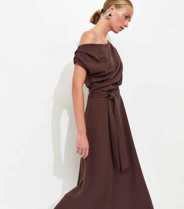 New Look Women's Dark Brown Fallen Shoulder Tie Waist Midi Dress New Look - 2