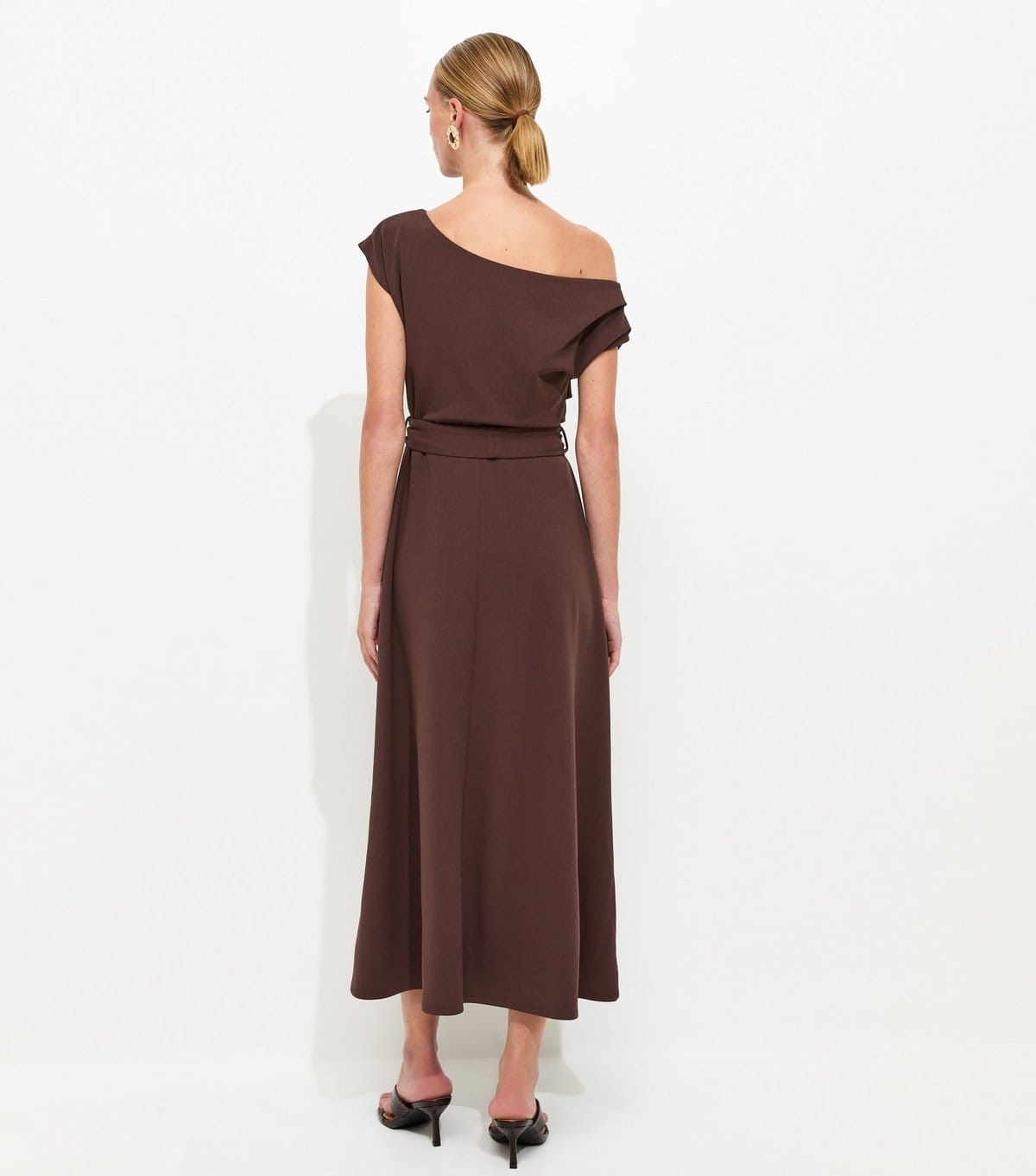 New Look Women's Dark Brown Fallen Shoulder Tie Waist Midi Dress New Look - 4