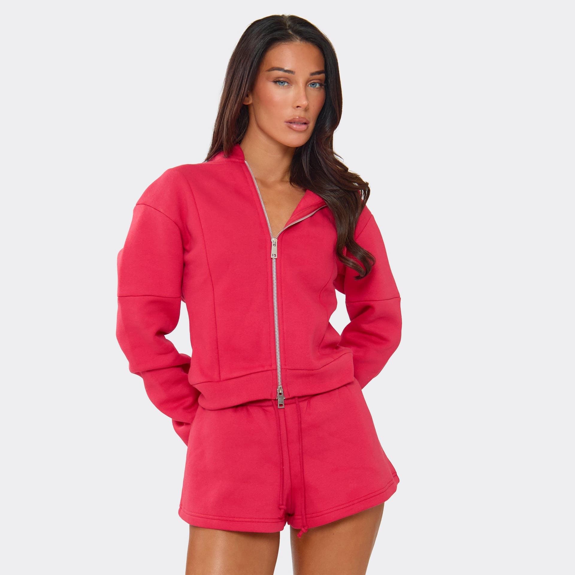 EGO Long Sleeve Cinched Waist Zip Up Jacket In Red, Women's Size UK 8