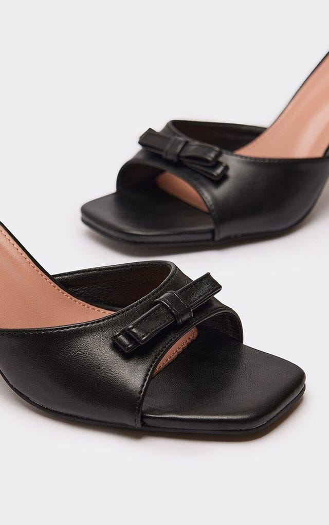 EGO Wrap Bow Detail Peep Toe Heeled Mule In Black Faux Leather, Women's Size UK 3 - 2