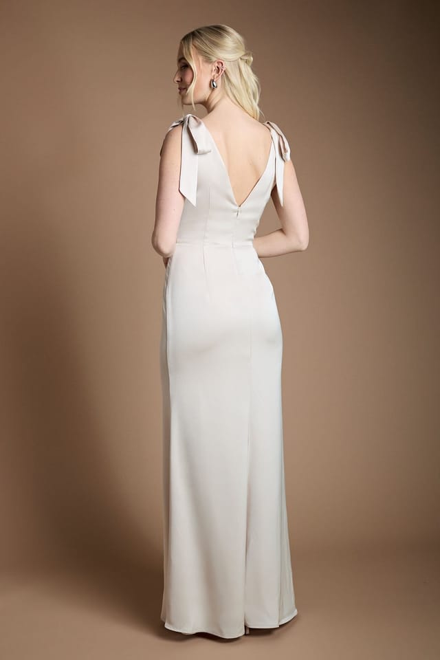 Coast Coast Women's Honoured Satin Back Crepe V Neck Tie Shoulder Maxi Bridesmaid Dress in Champagne - 3