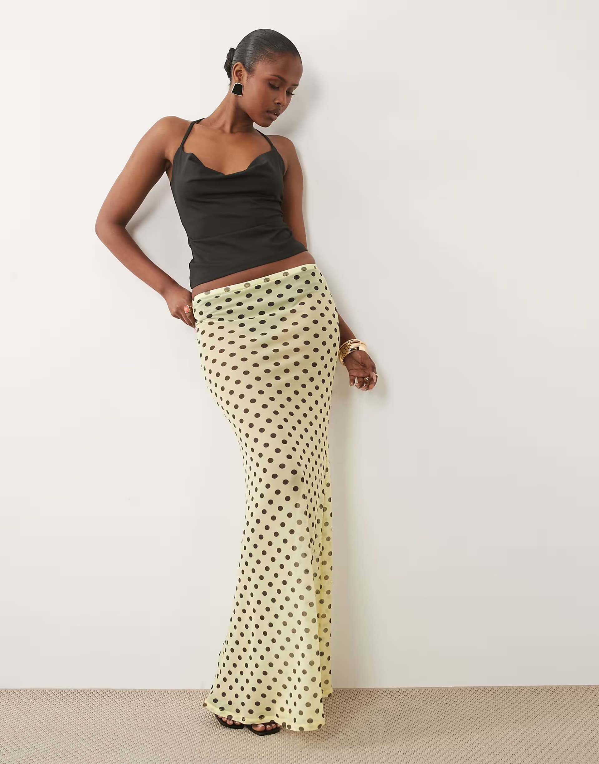 ASOS ASOS DESIGN printed sheer mesh maxi skirt in yellow polka dot print