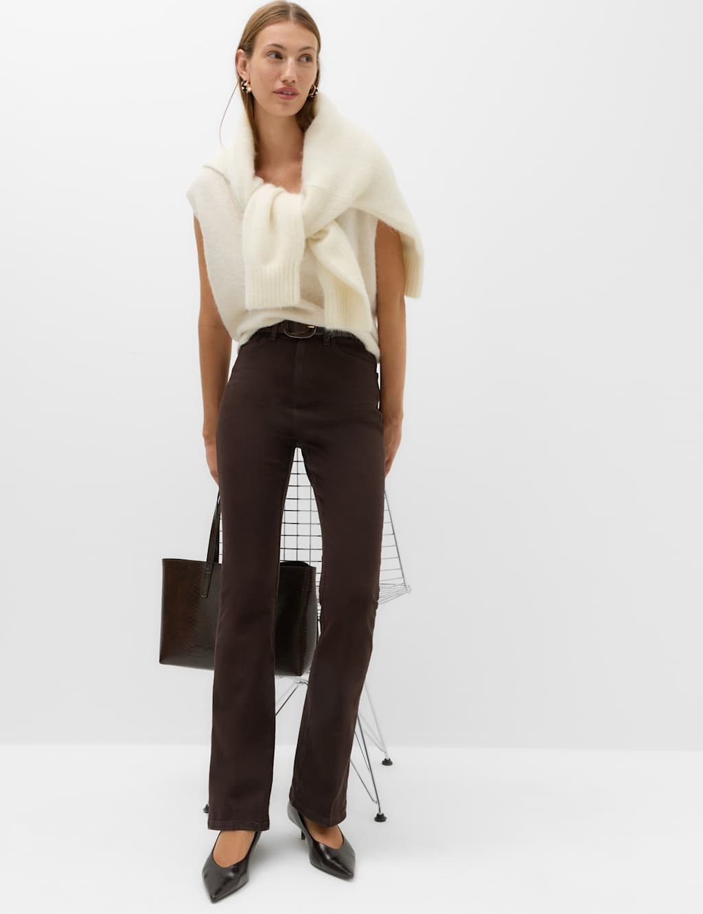 Marks & Spencer M&S Cotton Rich Kick Flare Trousers Chocolate