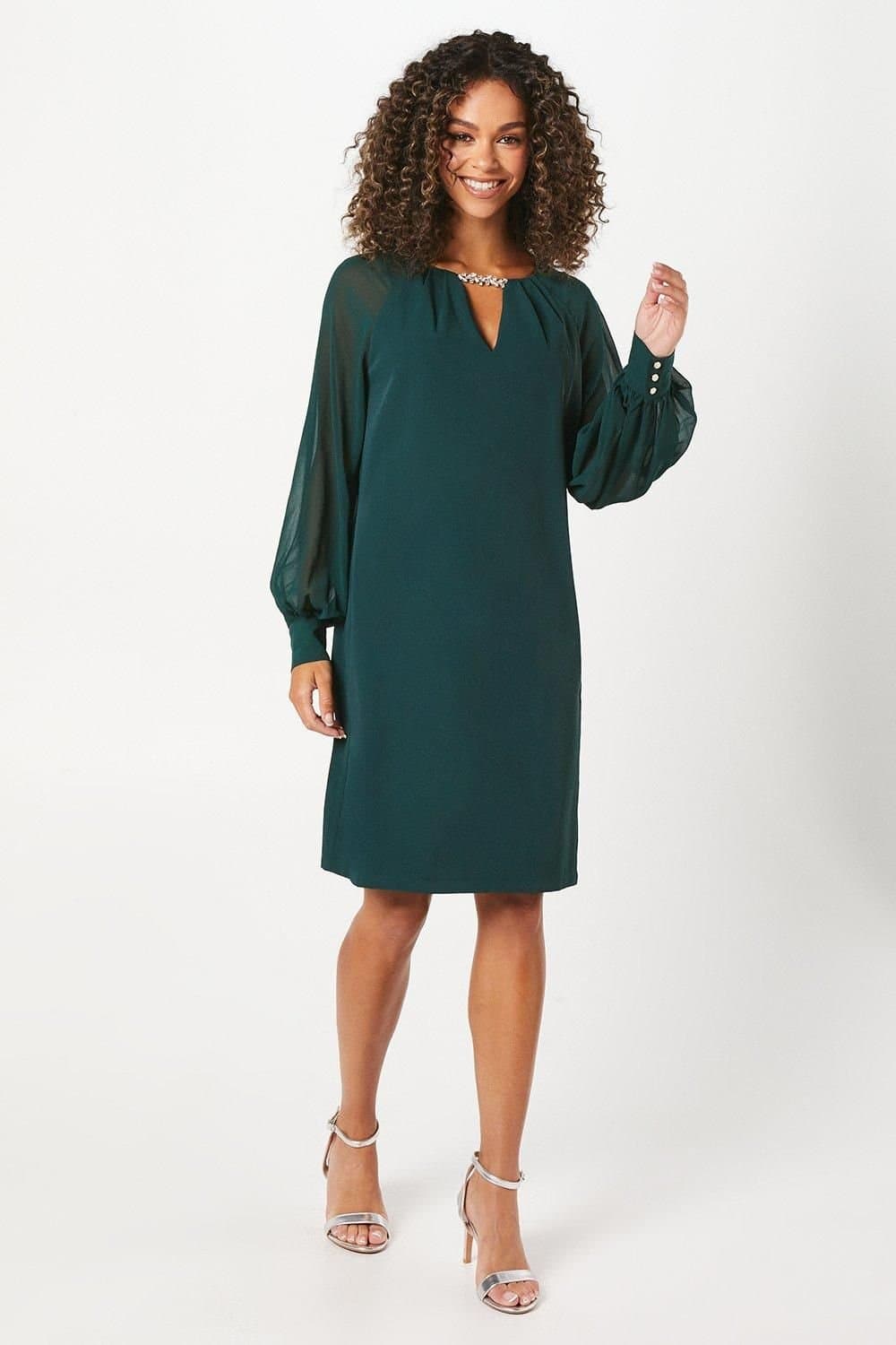 Wallis Wallis Women's Occasion Embellished Sequin Chiffon Sleeve Shift Dress in Green