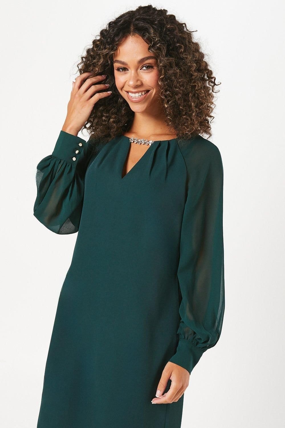 Wallis Wallis Women's Occasion Embellished Sequin Chiffon Sleeve Shift Dress in Green - 4