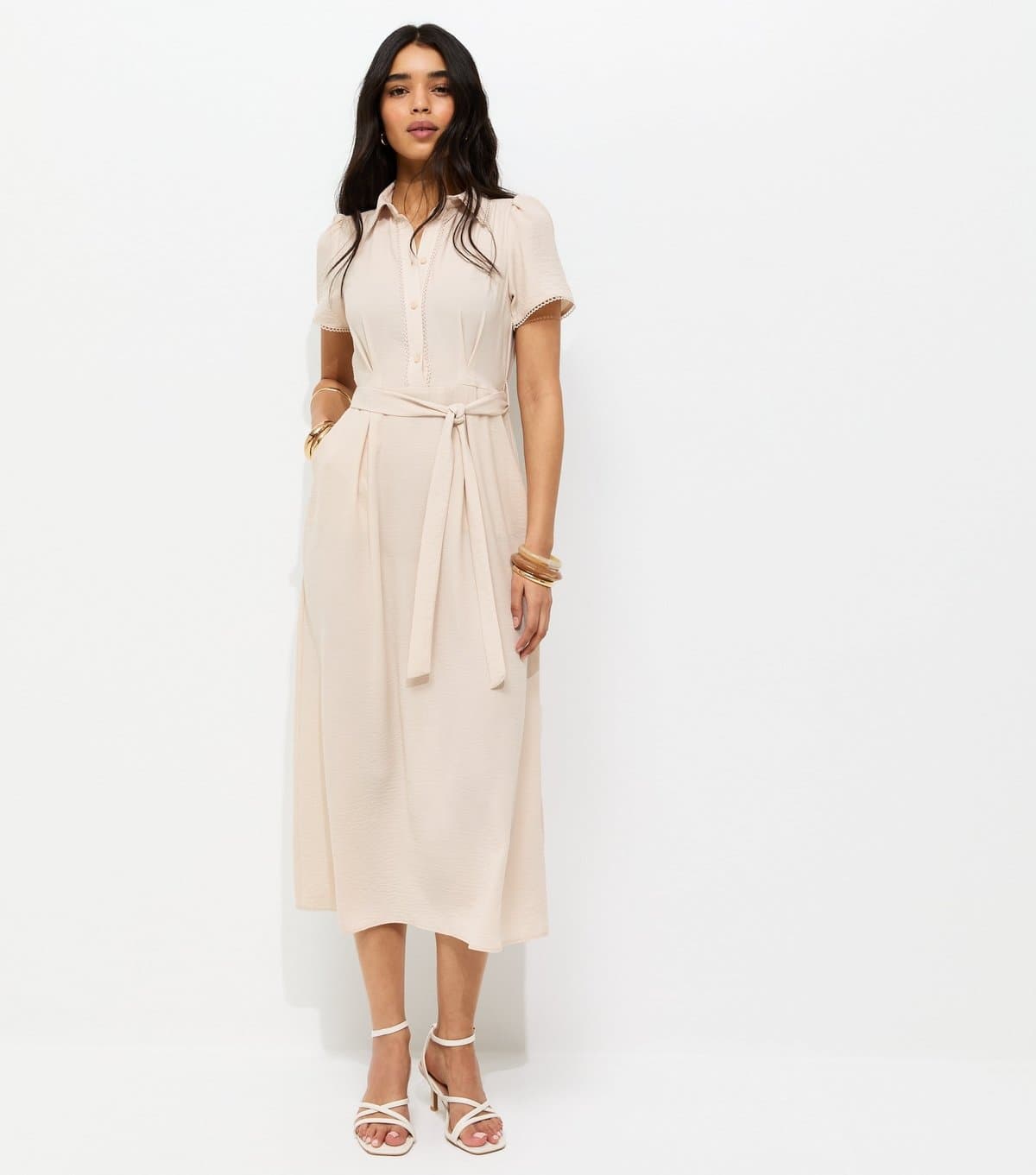 New Look Women's Stone Frill Trim Short Sleeve Shirt Midi Dress New Look