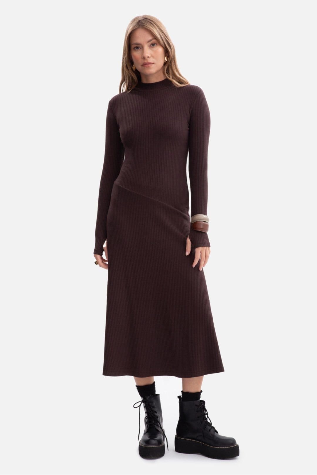 Love Lace Brown Ribbed Midi Fitted Dress with Stand Collar