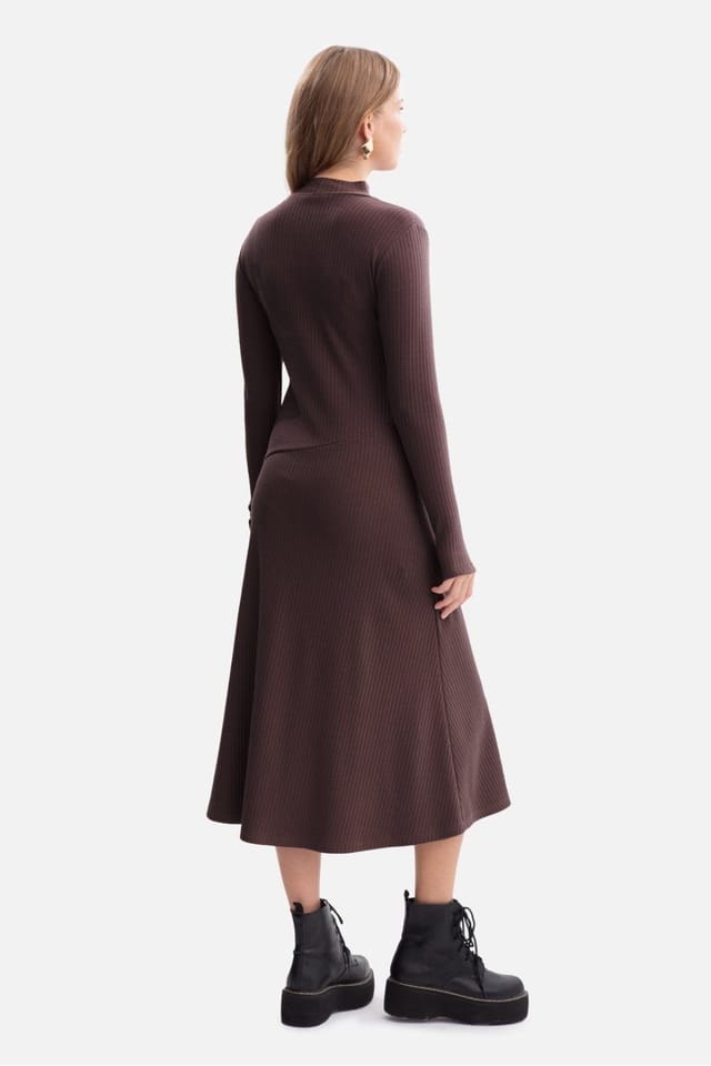Love Lace Love Lace Women's Ribbed Midi Fitted Dress with Stand Collar in Brown - 2