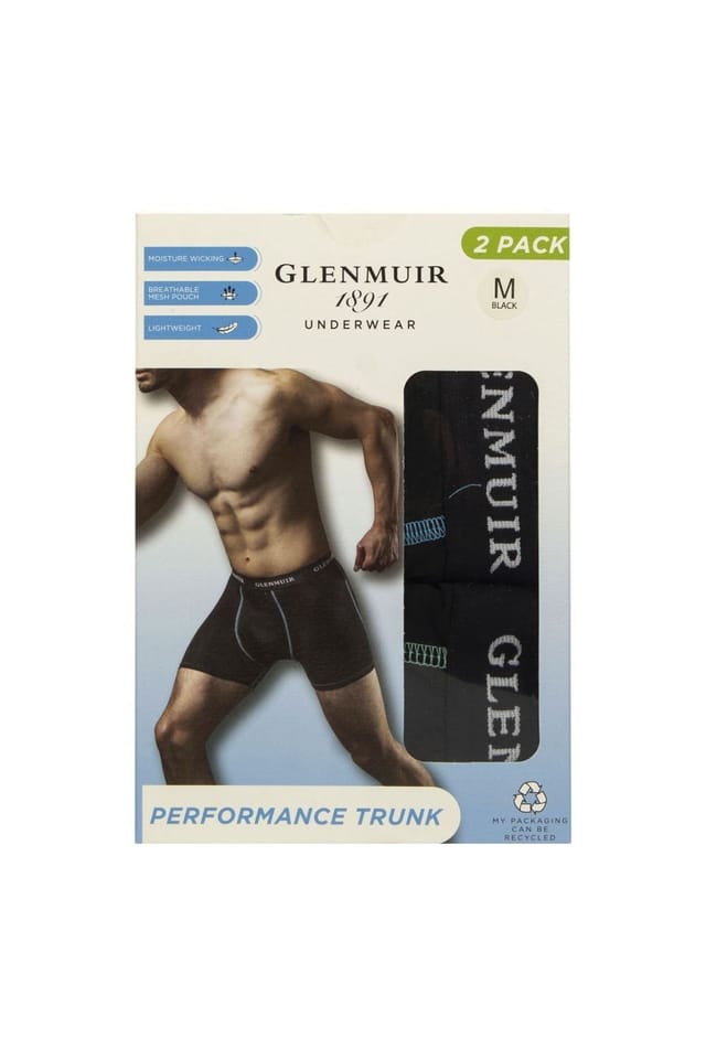 Glenmuir Glenmuir Men's 2 Pack Performance Trunks | Breathable Stretch Sports Fit Underwear in Black - 2