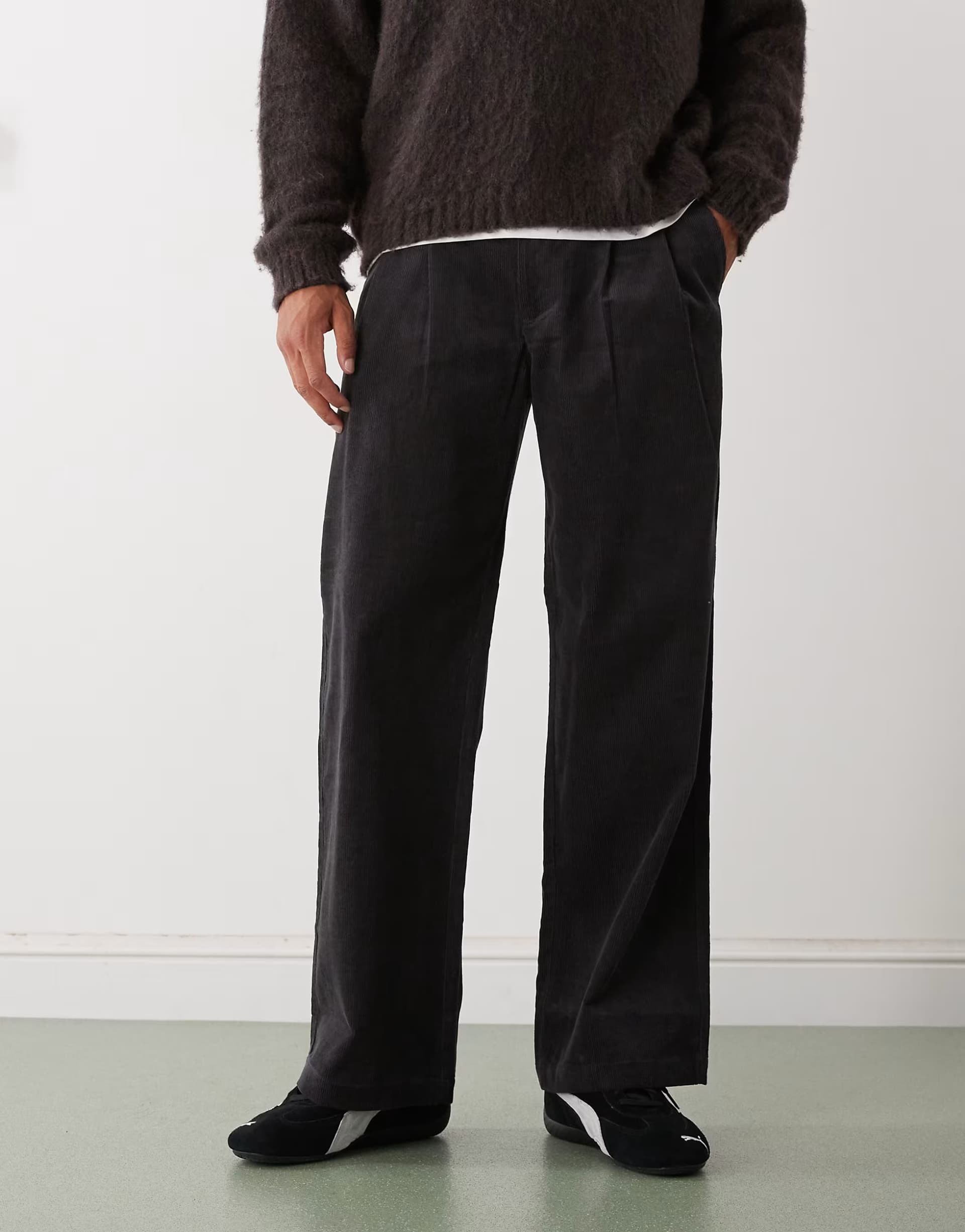 ASOS Prohibited straight leg double pleated baggy trousers in dark grey