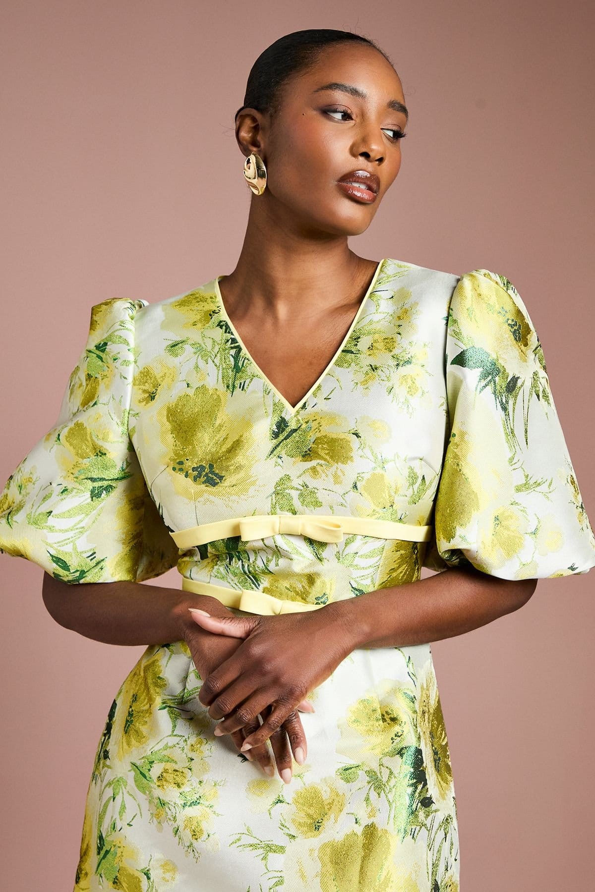 Coast Coast Women's Floral Jacquard Puff Sleeve Mini Dress in Yellow - 4