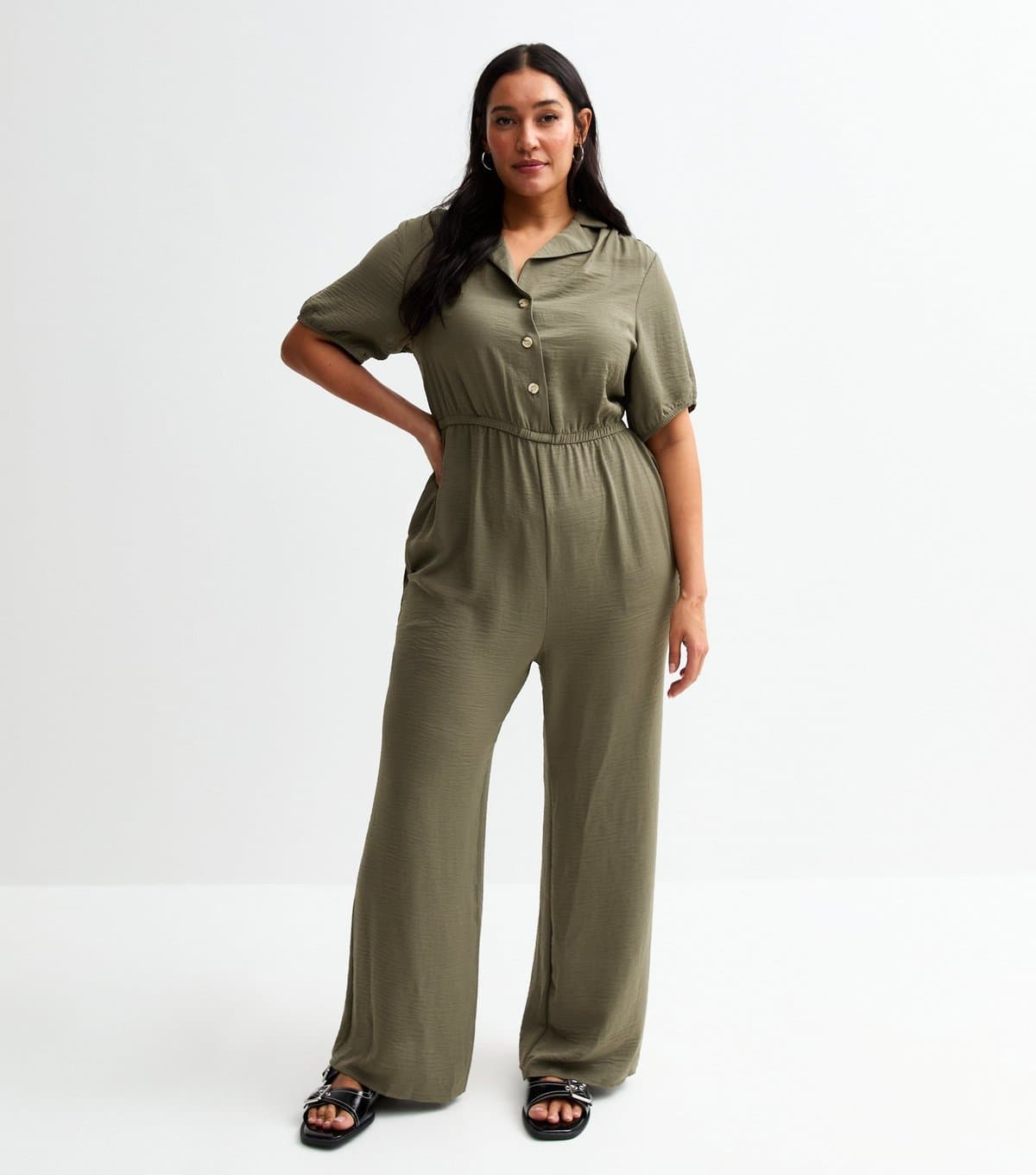 New Look Women's Plus Size Khaki Herringbone Button Front Jumpsuit Curves New Look