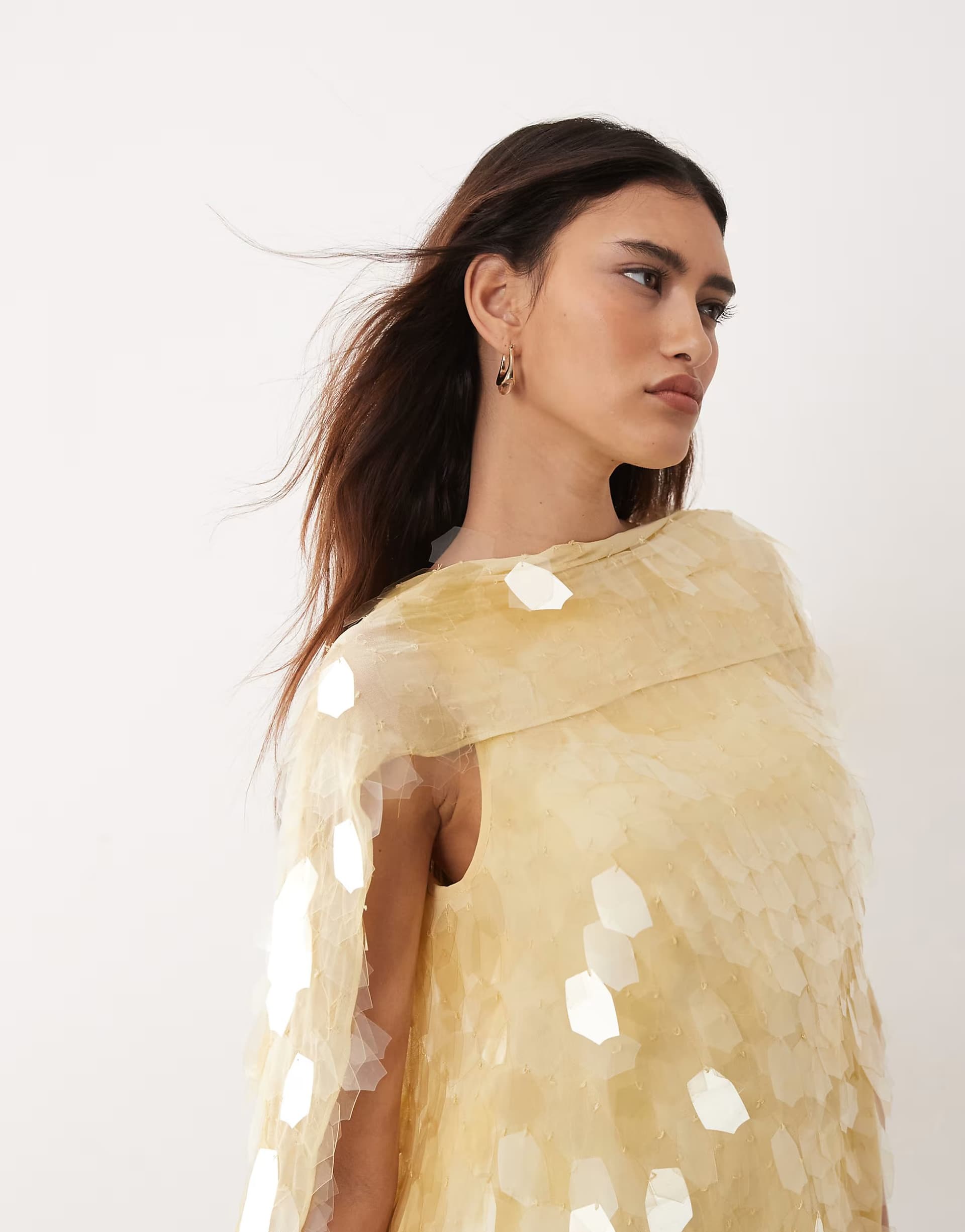 ASOS ARRANGE embellished shard sequin high neck drape top in butter yellow