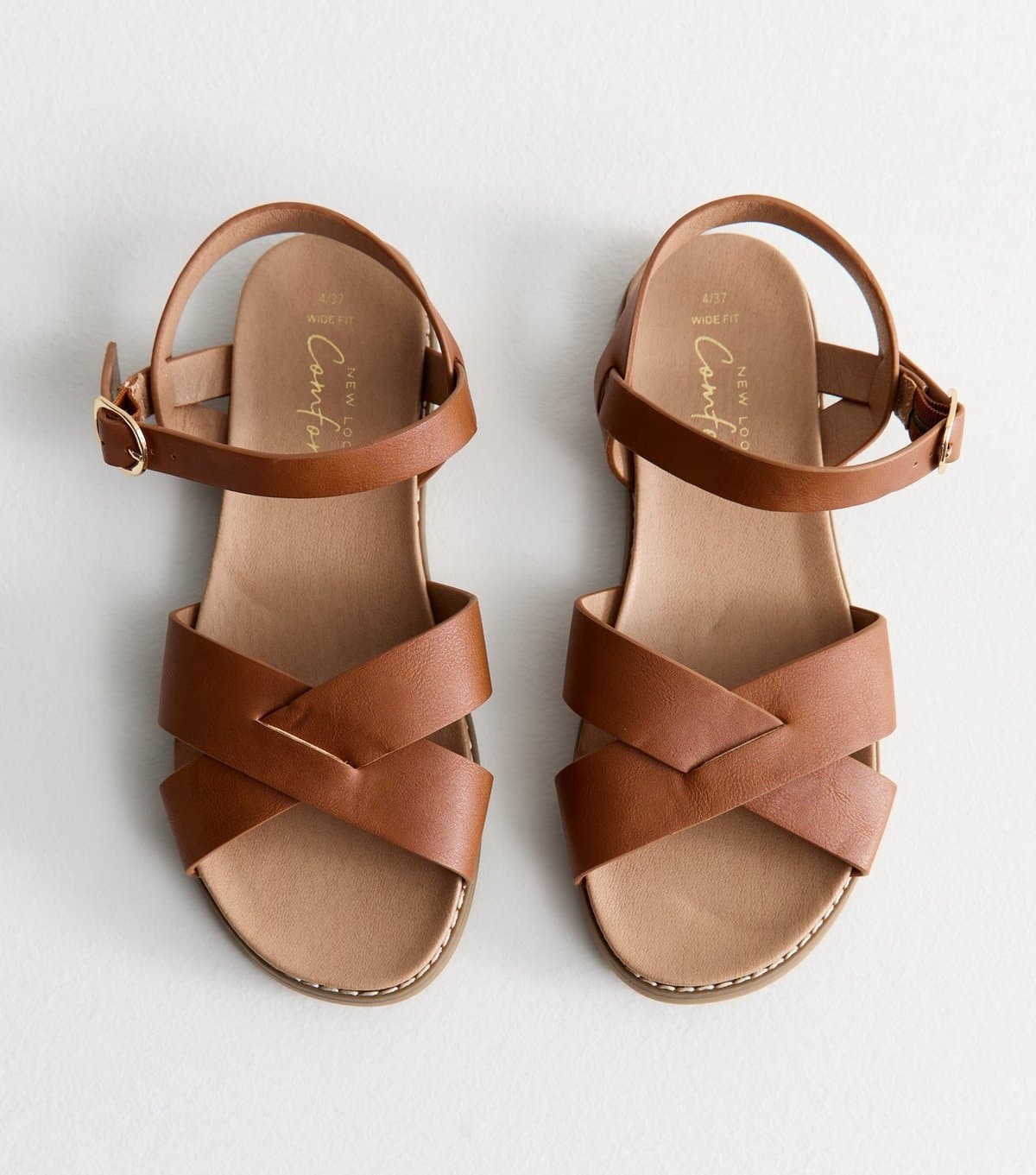 New Look Women's Wide Fit Tan Faux Leather Crossover Strap Sandals Vegan New Look