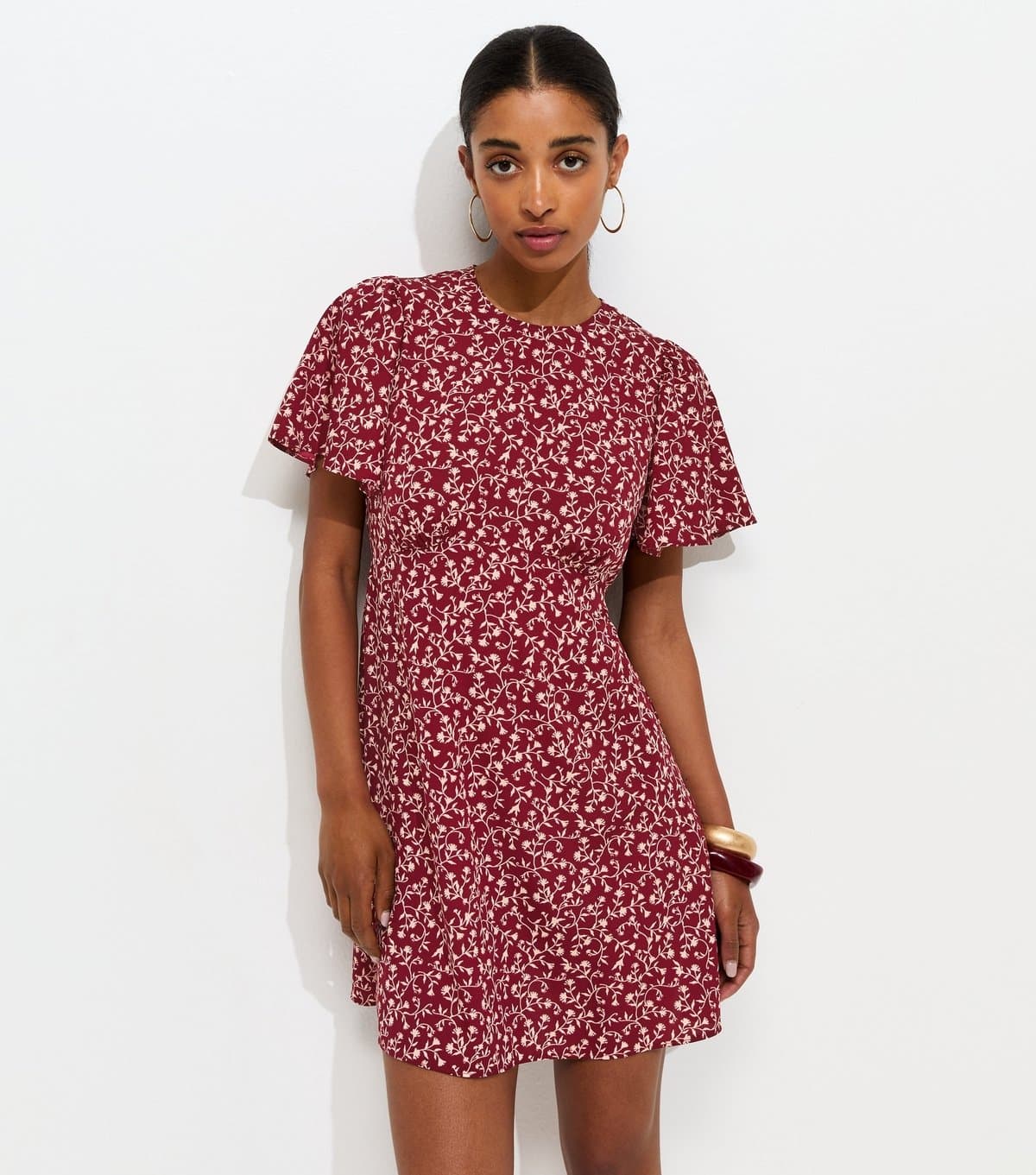 New Look Women's Pink Floral Print Crepe Flutter Sleeve Mini Dress New Look