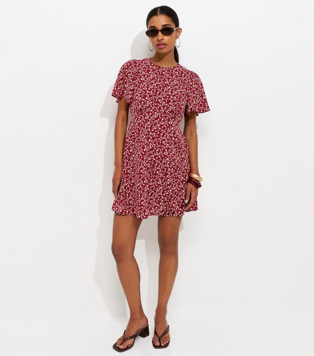 New Look Women's Pink Floral Print Crepe Flutter Sleeve Mini Dress New Look - 3