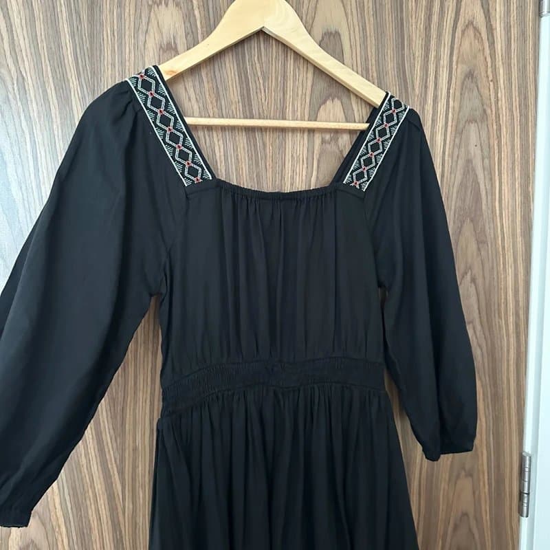 Marks & Spencer M&S Black Embroidered Neck Shirred Cinched Waist Linen Mix Mini Dress Size 8