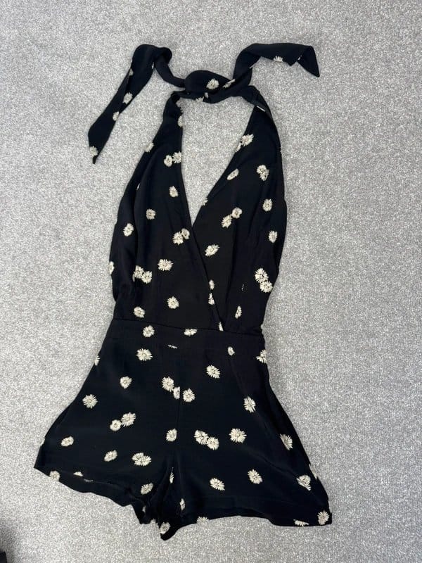 Topshop Black Floral Halter Backless Playsuit | UK10