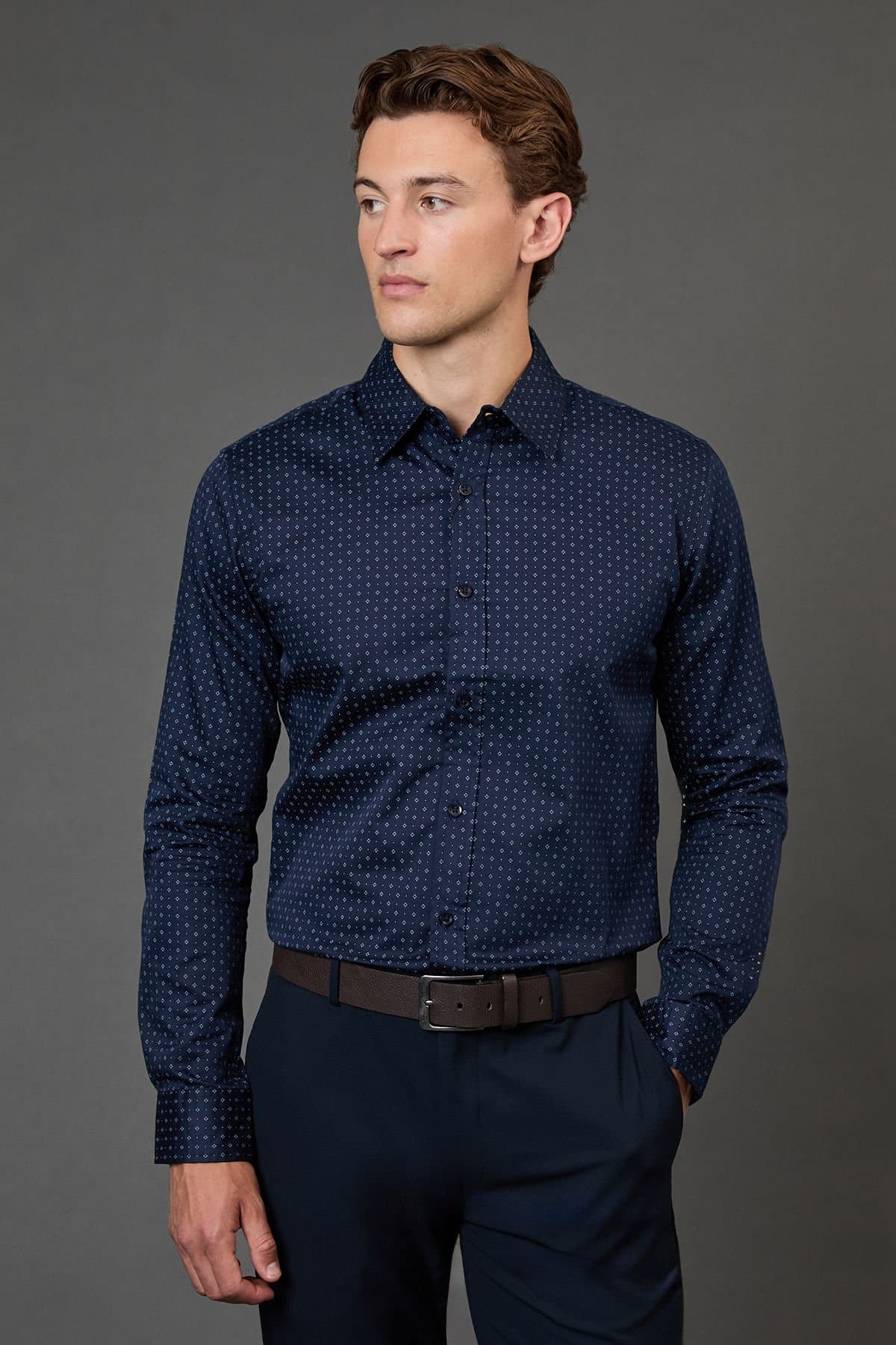 Burton Burton Navy Print Slim Fit Long Sleeve Shirt