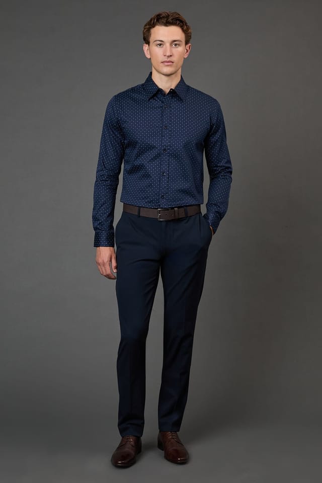 Burton Burton Men's Navy Print Slim Fit Long Sleeve Shirt - 2