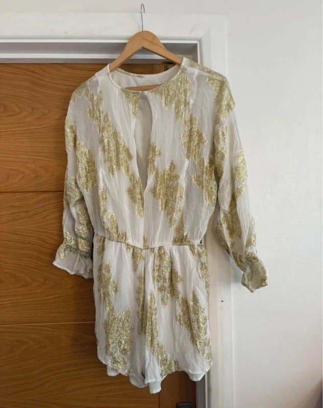 Never Fully Dressed Never Fully Dressed Missi White Gold Sparkly Shimmer Metallic Foil Abstract Floral Playsuit