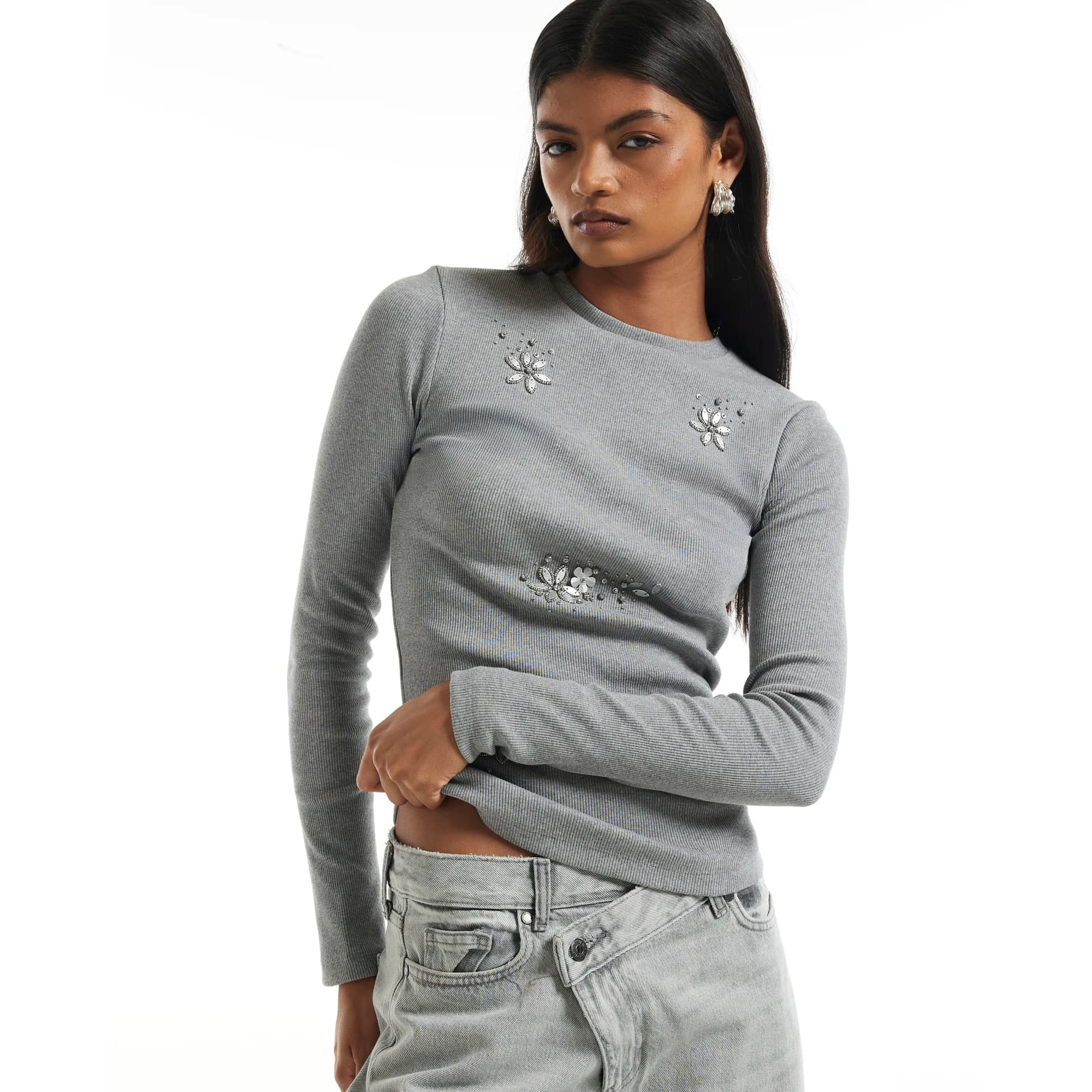 River Island River Island Womens Grey Ribbed Embellished Long Sleeve T-Shirt