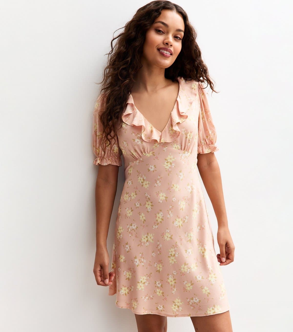 New Look Women's Petite Pink Floral Print Ruffle Mini Dress New Look