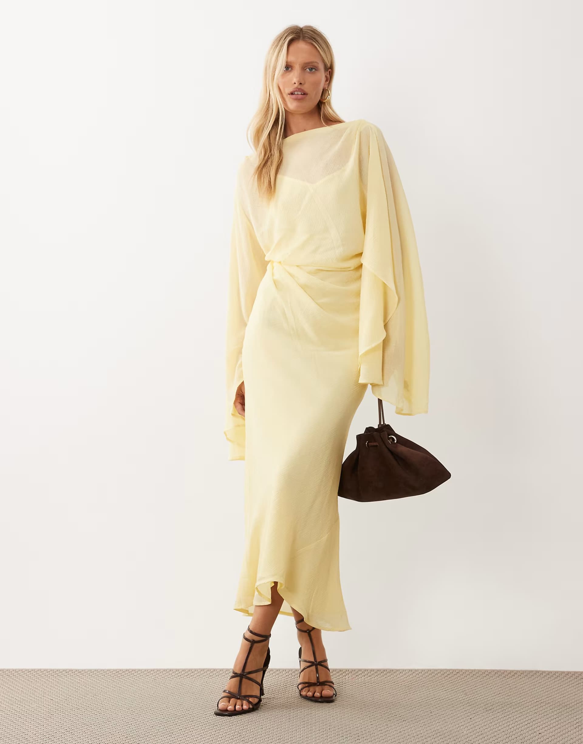 ASOS ASOS DESIGN kimono sleeve cape detail draped midaxi dress with open back in buttermilk