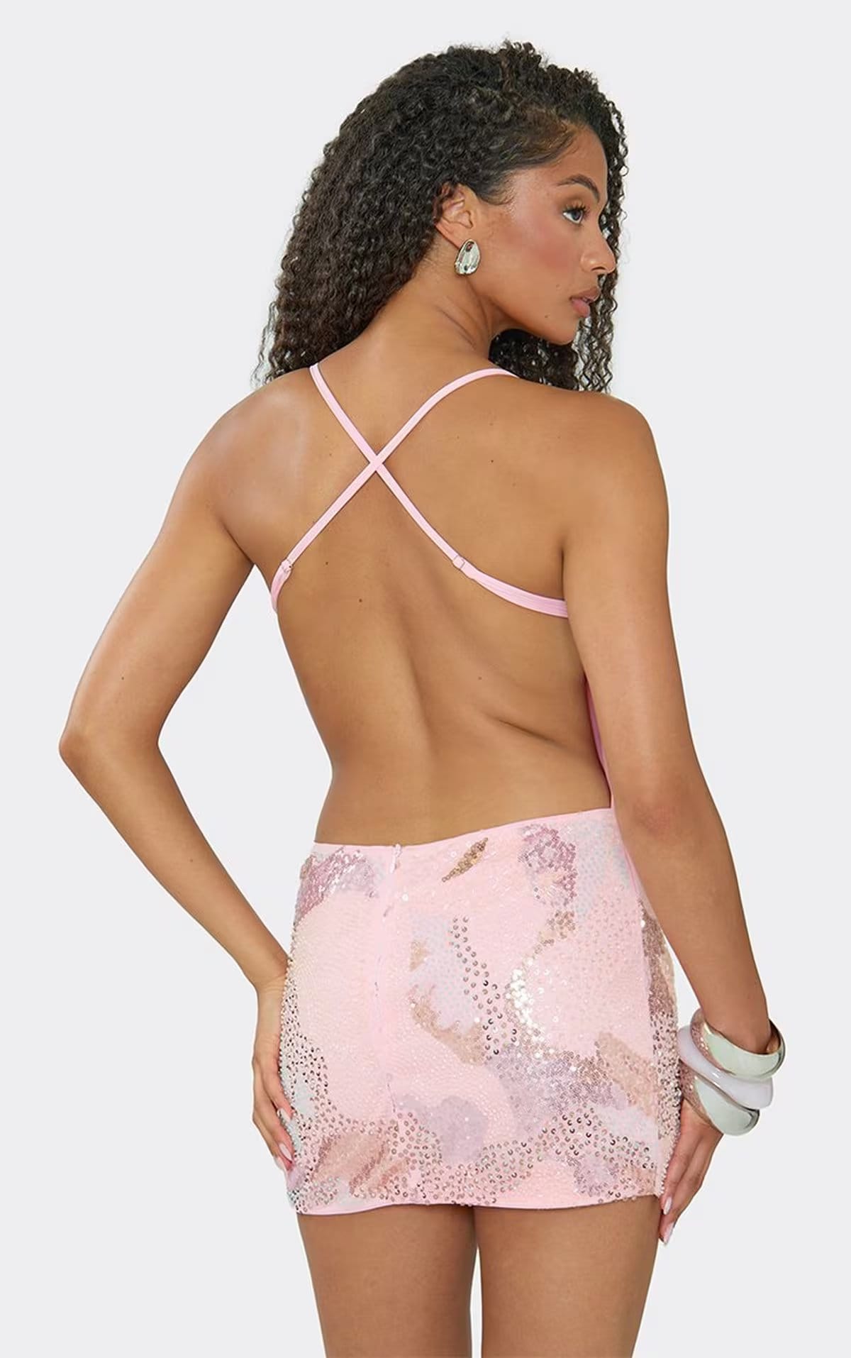 EGO Pink Sequin Strappy Cross Back Mini Dress