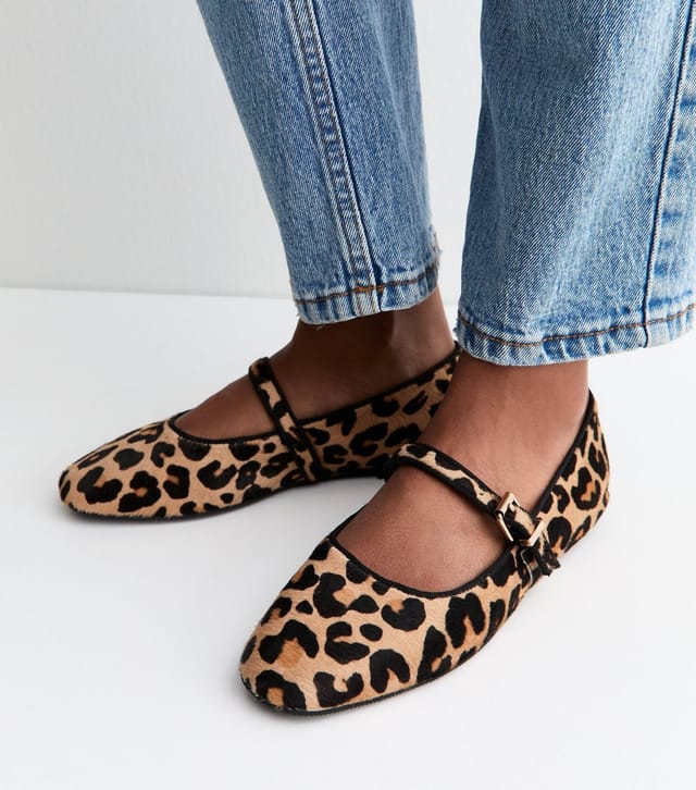 New Look Women's Premium Real Leather Stone Leopard Print Mary Jane Flats New Look - 2