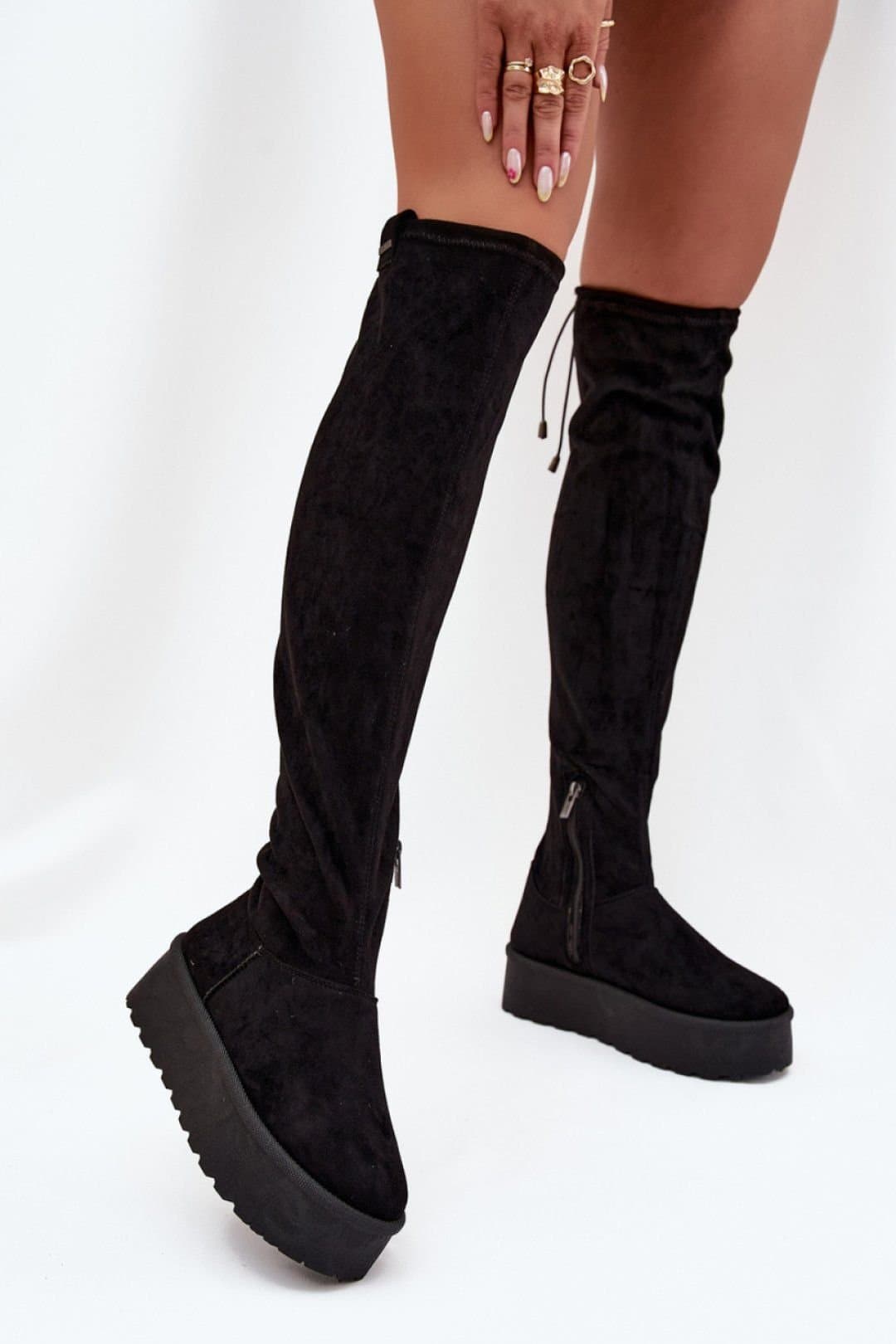 Love Lace Love Lace Women's Fleece Lined Faux Suede Platform Thigh High Boots Zipper Closure in Black